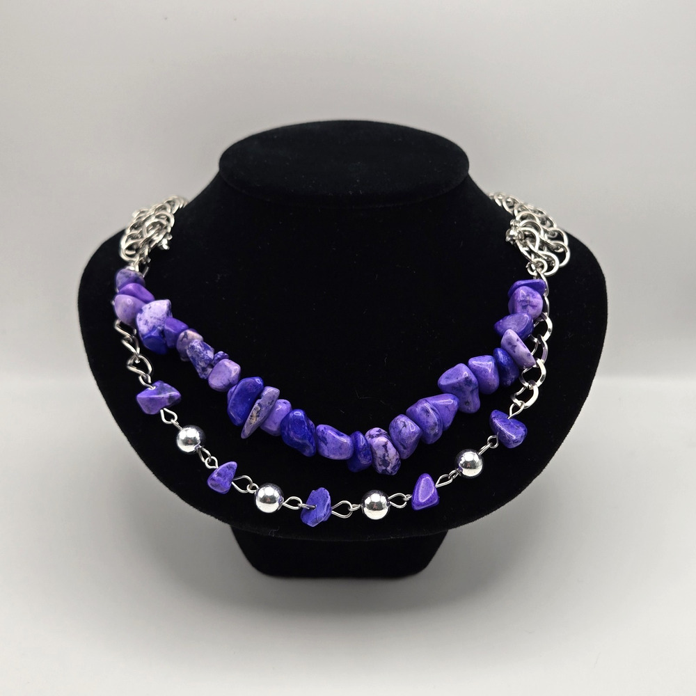 Statement Necklace Purple Stones Tiered Silvertone Cocktail Boho Maximalist NEW